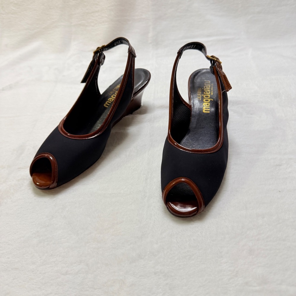 Magdesians California Wedge Heels Slingback Black Brown Peep‎ Toe 6.5 S